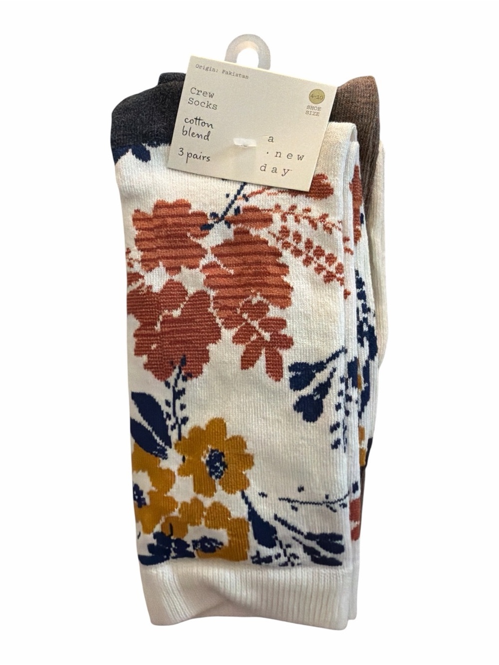 A New Day Women's 3 Pack Crew Socks Shoe Size 4-10 Floral Yellow Dot & Brown New